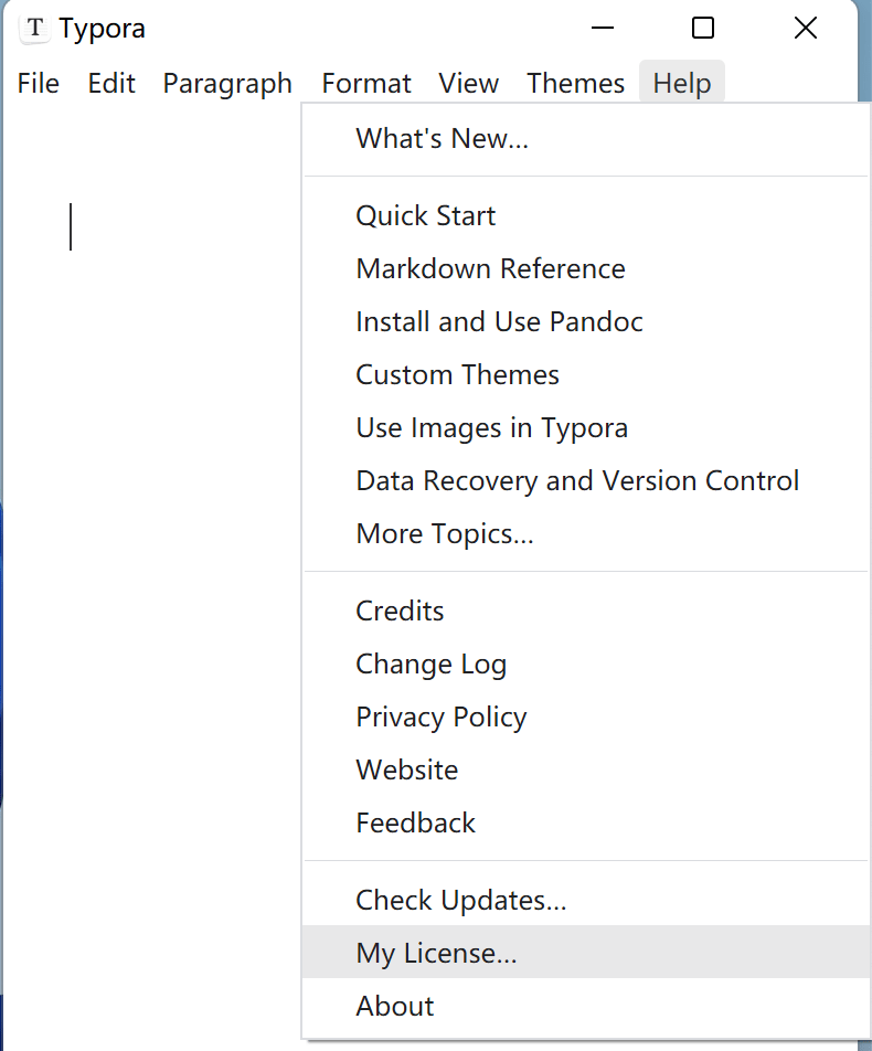 open license panel on Windows / Linux